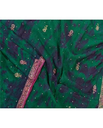 Sanskriti Vintage Dupatta Long Stole Pure Silk Green Hand Beaded Tie- Dye Veil DC-47007-Green &amp; Blue-Sequins Work-Pure Silk-3