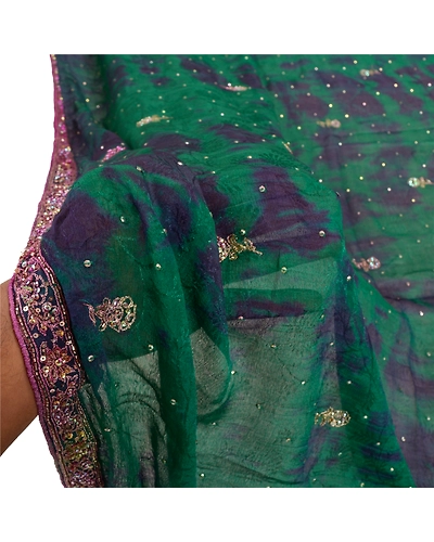 Sanskriti Vintage Dupatta Long Stole Pure Silk Green Hand Beaded Tie- Dye Veil DC-47007-Green &amp; Blue-Sequins Work-Pure Silk-5
