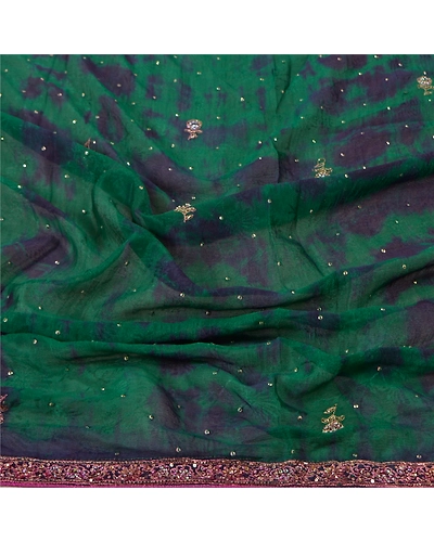 Sanskriti Vintage Dupatta Long Stole Pure Silk Green Hand Beaded Tie- Dye Veil DC-47007-Green &amp; Blue-Sequins Work-Pure Silk-6