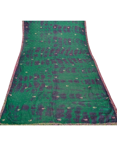Sanskriti Vintage Dupatta Long Stole Pure Silk Green Hand Beaded Tie- Dye Veil DC-47007-Green &amp; Blue-Sequins Work-Pure Silk-7