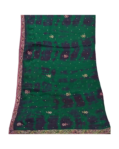 Sanskriti Vintage Dupatta Long Stole Pure Silk Green Hand Beaded Tie- Dye Veil DC-47007-Green &amp; Blue-Sequins Work-Pure Silk-8