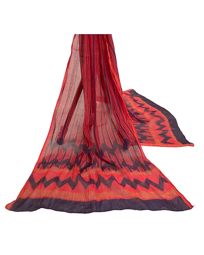 Sanskriti Vintage Dupatta Long Stole 100% Pure Chanderi Silk Red Printed Scarves DC-47010-Red &amp; Blue-Printed Work-Pure Chanderi Silk-2
