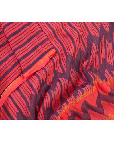 Sanskriti Vintage Dupatta Long Stole 100% Pure Chanderi Silk Red Printed Scarves DC-47010-Red &amp; Blue-Printed Work-Pure Chanderi Silk-3