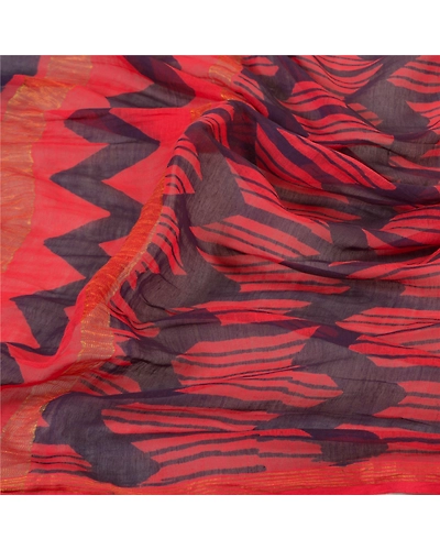 Sanskriti Vintage Dupatta Long Stole 100% Pure Chanderi Silk Red Printed Scarves DC-47010-Red &amp; Blue-Printed Work-Pure Chanderi Silk-6