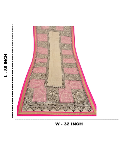 Sanskriti Vintage Dupatta Long Stole Net Mesh Cream Hijab Printed &amp; Woven Veil DC-47014-Cream-Printed Work-Net Mesh-1