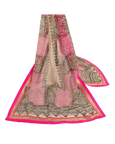 Sanskriti Vintage Dupatta Long Stole Net Mesh Cream Hijab Printed &amp; Woven Veil DC-47014-Cream-Printed Work-Net Mesh-2