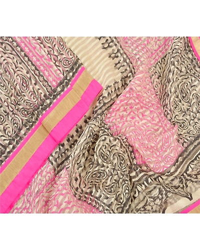 Sanskriti Vintage Dupatta Long Stole Net Mesh Cream Hijab Printed &amp; Woven Veil DC-47014-Cream-Printed Work-Net Mesh-3