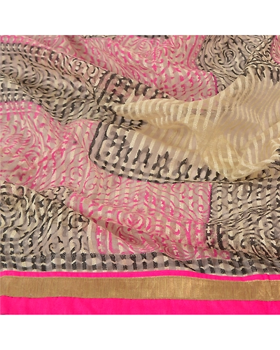 Sanskriti Vintage Dupatta Long Stole Net Mesh Cream Hijab Printed &amp; Woven Veil DC-47014-Cream-Printed Work-Net Mesh-6