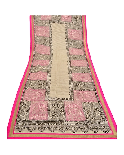 Sanskriti Vintage Dupatta Long Stole Net Mesh Cream Hijab Printed &amp; Woven Veil DC-47014-Cream-Printed Work-Net Mesh-7