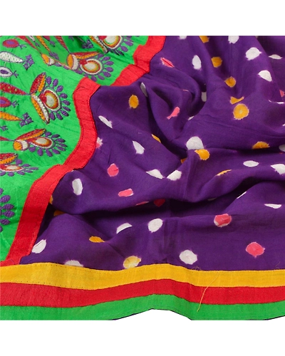 Sanskriti Vintage Dupatta Long Stole Pure Cotton Purple Handcrafted Bandhani DC-47163-Purple-Patch Work-Pure Cotton-6