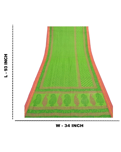 Sanskriti Vintage Dupatta Long Stole Chanderi Green Wrap Veil Printed Scarves DC-47232-Green-Printed Work-Chanderi-1