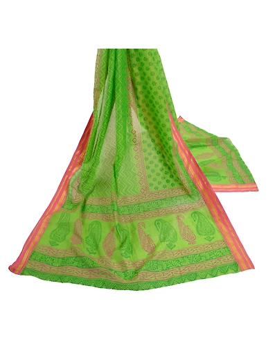 Sanskriti Vintage Dupatta Long Stole Chanderi Green Wrap Veil Printed Scarves DC-47232-Green-Printed Work-Chanderi-2