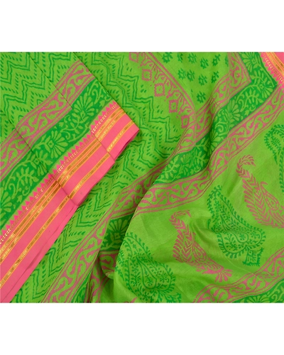 Sanskriti Vintage Dupatta Long Stole Chanderi Green Wrap Veil Printed Scarves DC-47232-Green-Printed Work-Chanderi-3