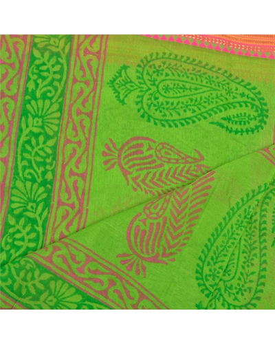 Sanskriti Vintage Dupatta Long Stole Chanderi Green Wrap Veil Printed Scarves DC-47232-Green-Printed Work-Chanderi-4