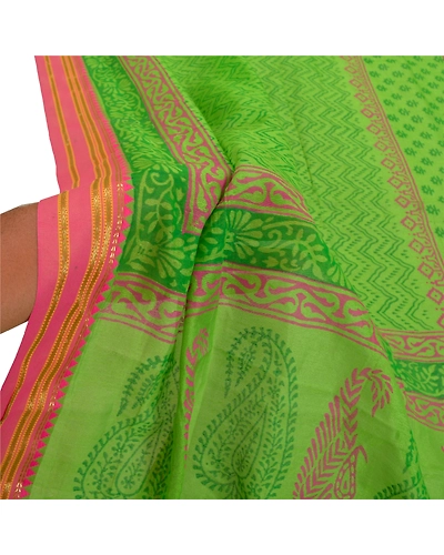 Sanskriti Vintage Dupatta Long Stole Chanderi Green Wrap Veil Printed Scarves DC-47232-Green-Printed Work-Chanderi-5