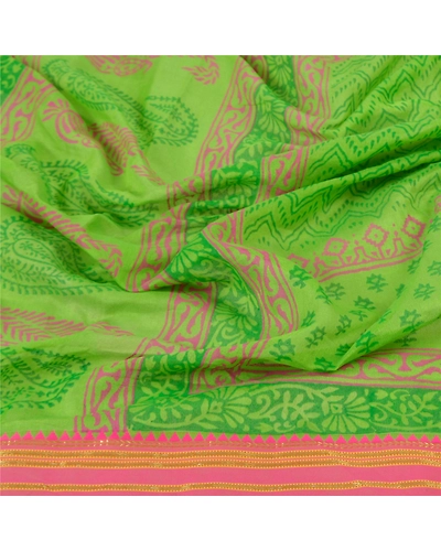Sanskriti Vintage Dupatta Long Stole Chanderi Green Wrap Veil Printed Scarves DC-47232-Green-Printed Work-Chanderi-6