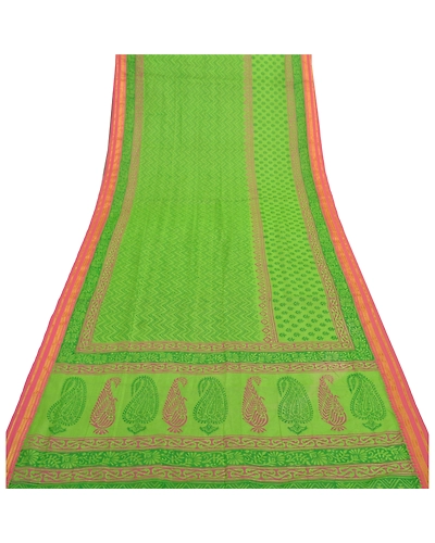 Sanskriti Vintage Dupatta Long Stole Chanderi Green Wrap Veil Printed Scarves DC-47232-Green-Printed Work-Chanderi-7