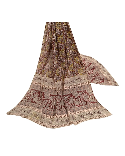 Sanskriti Vintage Dupatta Long Stole Pure Cotton Hand Crafted Kalamkari Hijab DC-47287-Brown &amp; Cream-Handmade Kalamkari Work-Pure Cotton-2