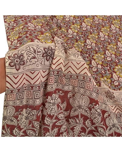 Sanskriti Vintage Dupatta Long Stole Pure Cotton Hand Crafted Kalamkari Hijab DC-47287-Brown &amp; Cream-Handmade Kalamkari Work-Pure Cotton-5