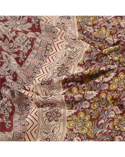 Sanskriti Vintage Dupatta Long Stole Pure Cotton Hand Crafted Kalamkari Hijab DC-47287-Brown &amp; Cream-Handmade Kalamkari Work-Pure Cotton-6