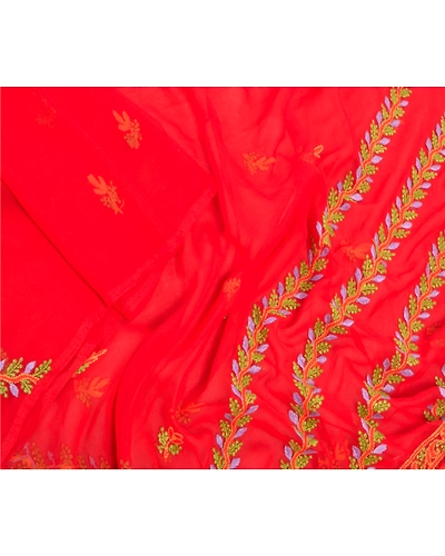 Sanskriti Vintage Dupatta Long Stole Georgette Red Hand Embroidered Chikankari DC-47418-Red-Thread Work-Georgette-3