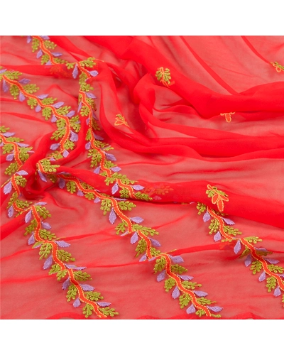 Sanskriti Vintage Dupatta Long Stole Georgette Red Hand Embroidered Chikankari DC-47418-Red-Thread Work-Georgette-7