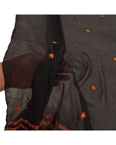 Sanskriti Vintage Dupatta Long Stole Georgette Black Hand Embroidered Suzani DC-47442-Black-Thread Work-Georgette-5