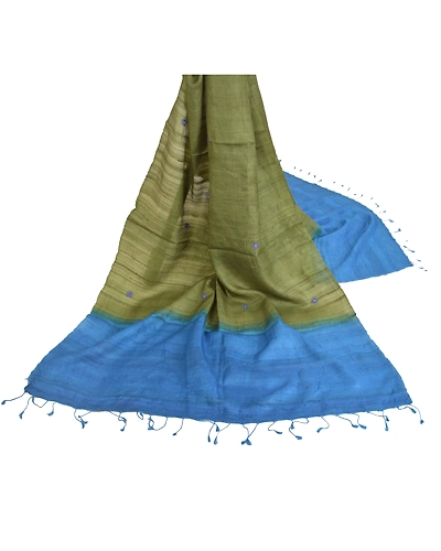 Sanskriti Vintage Dupatta Long Stole Art Silk Green Hand Embroidered Wrap Hijab DC-47513-Blue &amp; Green-Thread Work-Art (Artificial) Silk-2