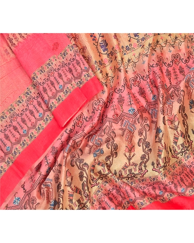 Sanskriti Vintage Dupatta Long Stole Art Silk Peach Printed Floral Scarves DC-47574-Peach &amp; Cream-Printed Work-Art (Artificial) Silk-3