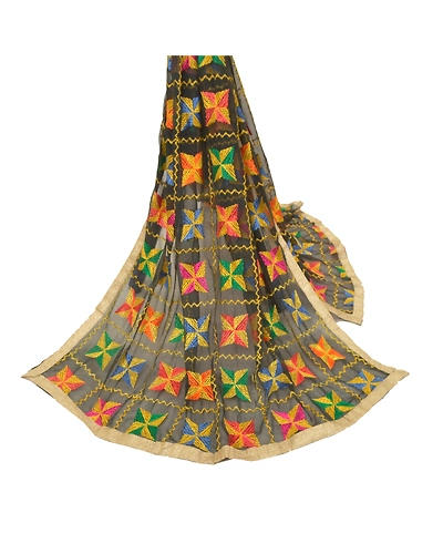 Sanskriti Vintage Dupatta Long Stole Chiffon Black Embroidered Bagh Phulkari DC-47596-Black-Thread Work-Chiffon-2