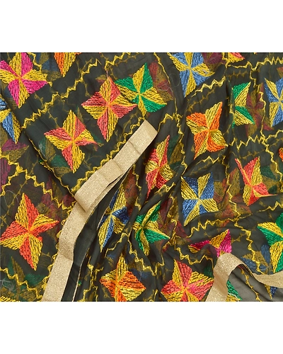 Sanskriti Vintage Dupatta Long Stole Chiffon Black Embroidered Bagh Phulkari DC-47596-Black-Thread Work-Chiffon-3
