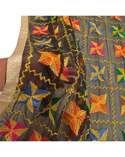 Sanskriti Vintage Dupatta Long Stole Chiffon Black Embroidered Bagh Phulkari DC-47596-Black-Thread Work-Chiffon-5
