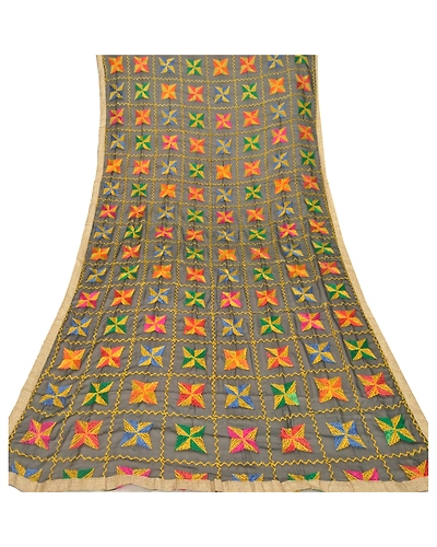 Sanskriti Vintage Dupatta Long Stole Chiffon Black Embroidered Bagh Phulkari DC-47596-Black-Thread Work-Chiffon-7