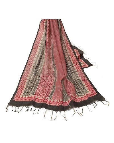 Sanskriti Vintage Dupatta Long Stole Chanderi Silk Red Printed Wrap Hijab DC-47664-Red &amp; Cream-Printed Work-Chanderi Silk-2