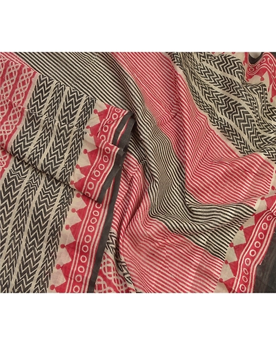 Sanskriti Vintage Dupatta Long Stole Chanderi Silk Red Printed Wrap Hijab DC-47664-Red &amp; Cream-Printed Work-Chanderi Silk-3