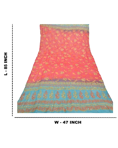 Sanskriti Vintage Dupatta Long Stole Georgette Red Wrap Shawl Printed Hijab DC-47783-Red &amp; Blue-Thread Work-Georgette-1