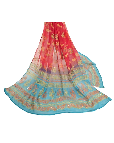 Sanskriti Vintage Dupatta Long Stole Georgette Red Wrap Shawl Printed Hijab DC-47783-Red &amp; Blue-Thread Work-Georgette-2