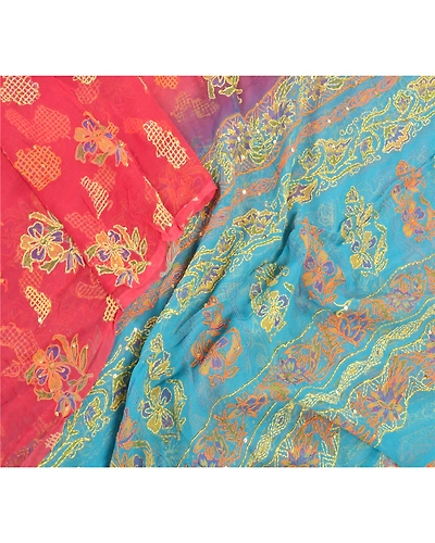 Sanskriti Vintage Dupatta Long Stole Georgette Red Wrap Shawl Printed Hijab DC-47783-Red &amp; Blue-Thread Work-Georgette-3