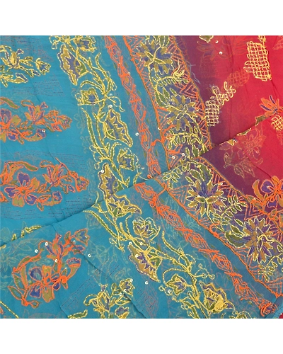 Sanskriti Vintage Dupatta Long Stole Georgette Red Wrap Shawl Printed Hijab DC-47783-Red &amp; Blue-Thread Work-Georgette-4
