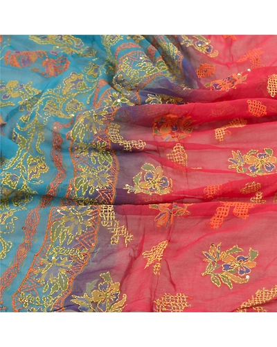 Sanskriti Vintage Dupatta Long Stole Georgette Red Wrap Shawl Printed Hijab DC-47783-Red &amp; Blue-Thread Work-Georgette-6
