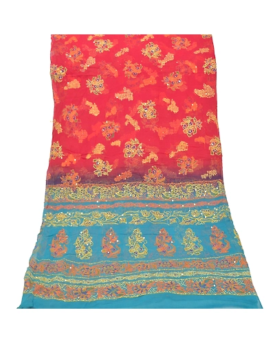 Sanskriti Vintage Dupatta Long Stole Georgette Red Wrap Shawl Printed Hijab DC-47783-Red &amp; Blue-Thread Work-Georgette-8