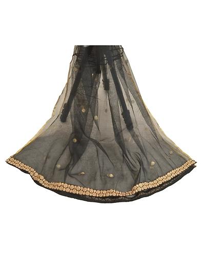 Sanskriti Vintage Dupatta Long Stole Net Mesh Black Embroidered Woven Veil DC-47793-Black-Thread Work-Net Mesh-2