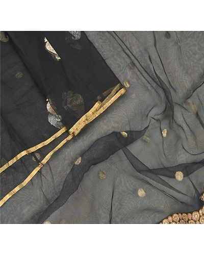 Sanskriti Vintage Dupatta Long Stole Net Mesh Black Embroidered Woven Veil DC-47793-Black-Thread Work-Net Mesh-3