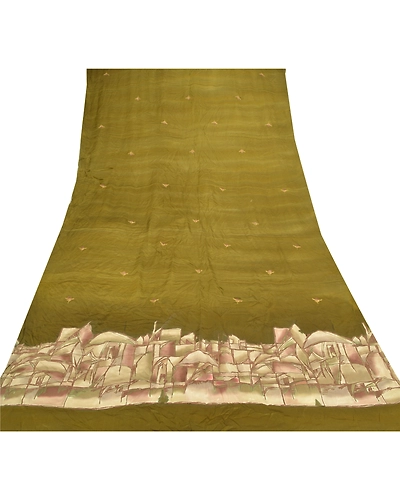 Sanskriti Vintage Dupatta Long Stole Satin Green Hand Embroidered Printed Hijab DC-47818-Green-Printed Work-Satin Silk-7
