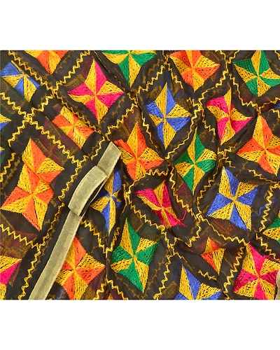 Sanskriti Vintage Dupatta Long Stole Chiffon Black Embroidered Bagh Phulkari DC-47828-Black-Thread Work-Chiffon-3