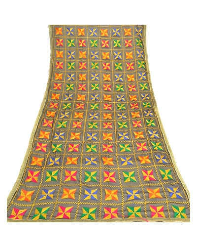 Sanskriti Vintage Dupatta Long Stole Chiffon Black Embroidered Bagh Phulkari DC-47828-Black-Thread Work-Chiffon-7