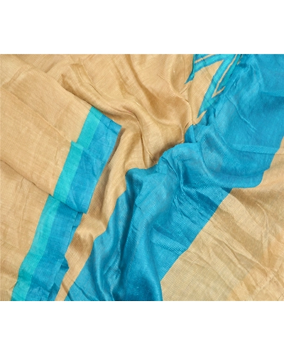 Sanskriti Vintage Dupatta Long Stole Chanderi Silk Blue Scarves Printed Veil DC-47838-Brown &amp; Blue-Printed Work-Chanderi Silk-3