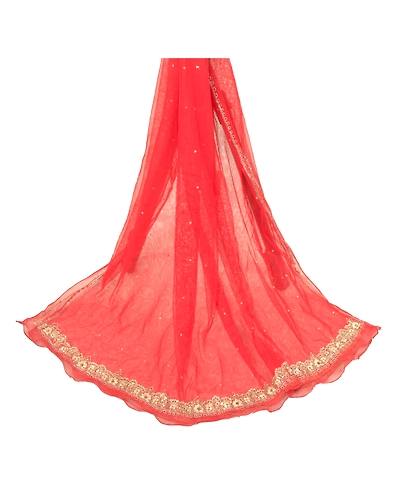 Sanskriti Vintage Dupatta Long Stole Net Mesh Red Veil Hand Beaded Scarves dc-47955-Red-Zardozi Work-Net Mesh-2