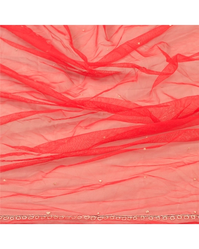 Sanskriti Vintage Dupatta Long Stole Net Mesh Red Veil Hand Beaded Scarves dc-47955-Red-Zardozi Work-Net Mesh-6