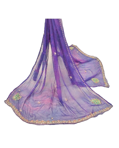 Sanskriti Vintage Dupatta Long Stole Pure Chiffon Silk Purple Tie &amp; Dye Scarves DC-47959-Purple &amp; Blue-Zari Work-Pure Chiffon Silk-2